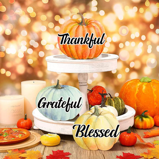 3 Pack Thanksgiving Fall Pumpkin Wooden Signs, Fall Decor, Fall Table Pumpkin Decorations, Thankful, Grateful, Blessed, Wooden Fall Pumpkin Centerpiece Signs Tabletop Standup for Home Party Table (Pumpkin)