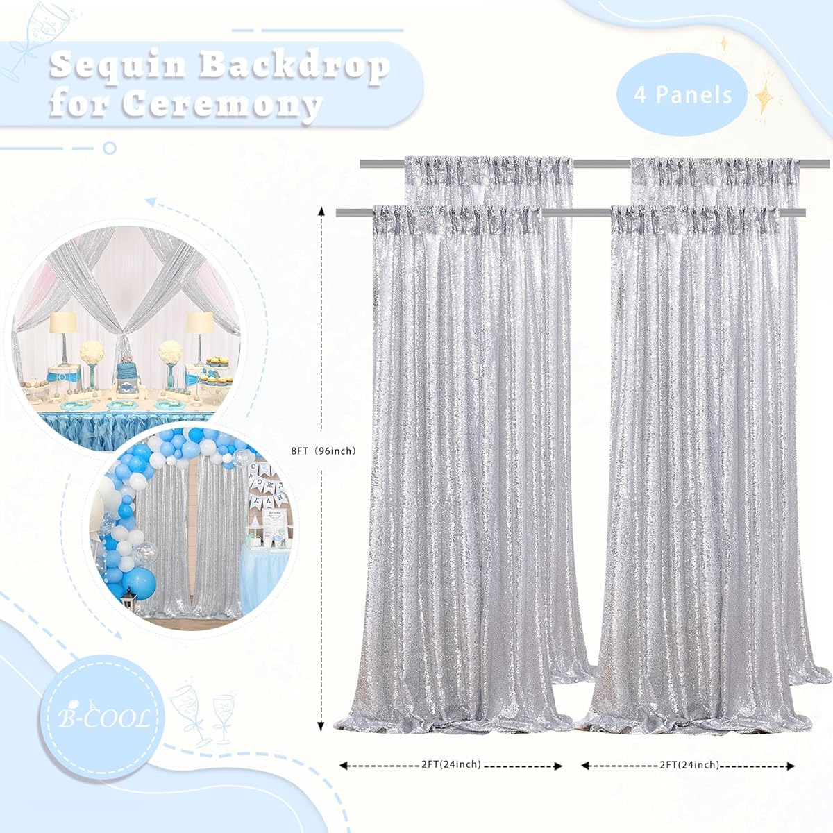 Sequin Backdrop Curtains 4 Pack 2ftx8ft Silver Sparkly Backdrop Drapes Winter Party Indoor Silver Backdrop Curtains Fabric