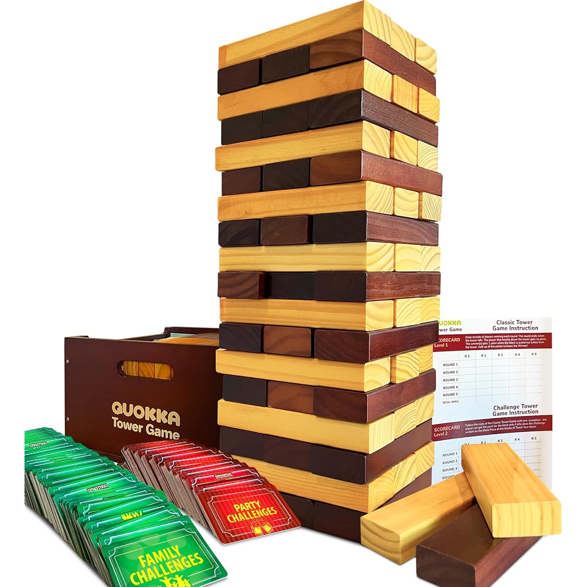 Jump Button Bull Tower Game - Block Stacking Game for Family - 4 Feet | 54 Blocks with Fun Challenge | Waterproof - Large Wooden Game for Garden