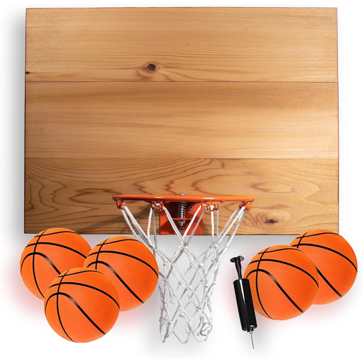 Cali Kiwi Pros Indoor Basketball Includes 3 Panel Wooden Backboard, American Cedar 9" Hoop, Net & 3 Mini Basketballs & Hand Pump. 5 mini balls!