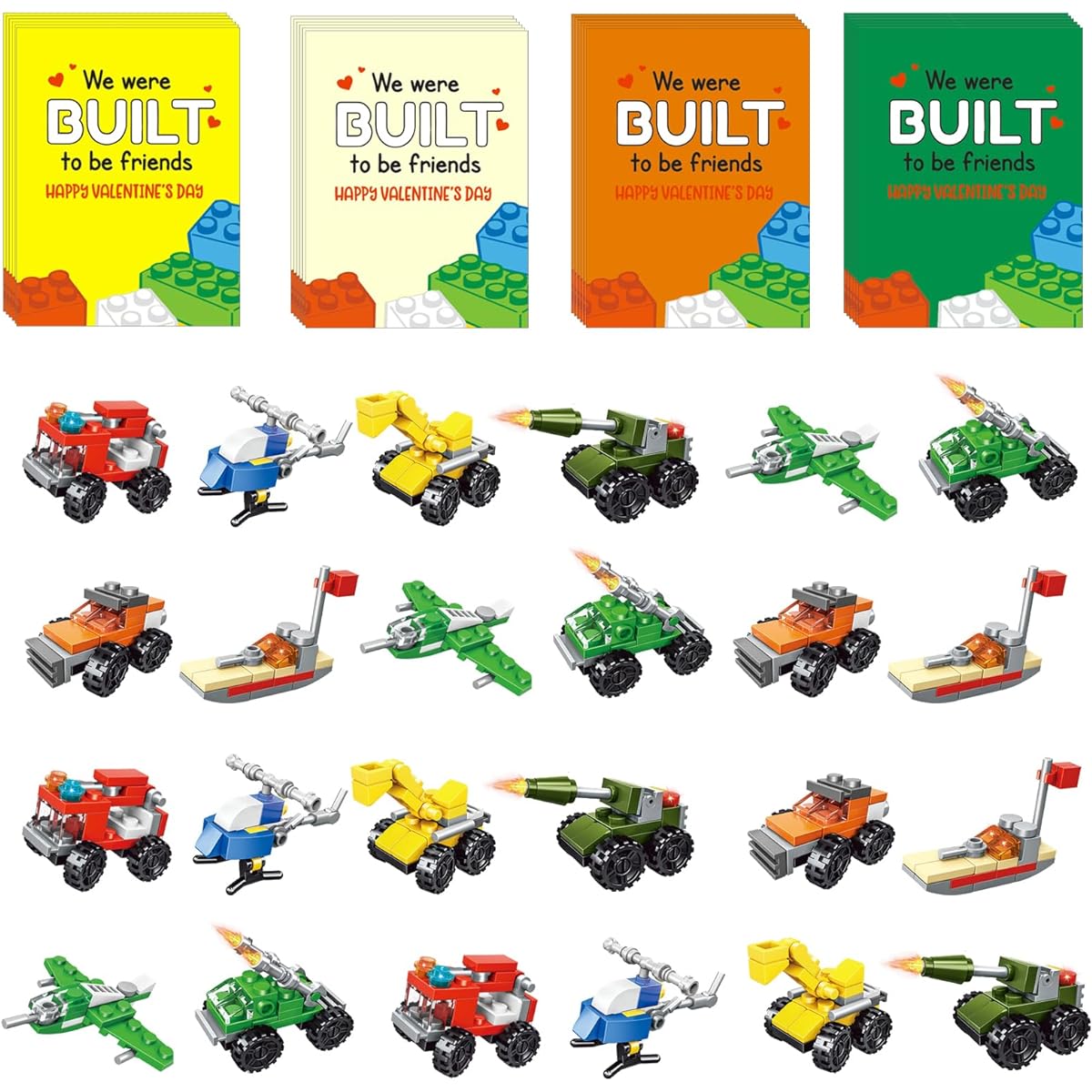 LYJOKS 24 Pack Valentine's Day Gifts Valentine Cards for Kids Classroom/School with Vehicle Building Blocks Toys Class Valentine Gift Exchange Party Favors for Kids/Boys/Girls