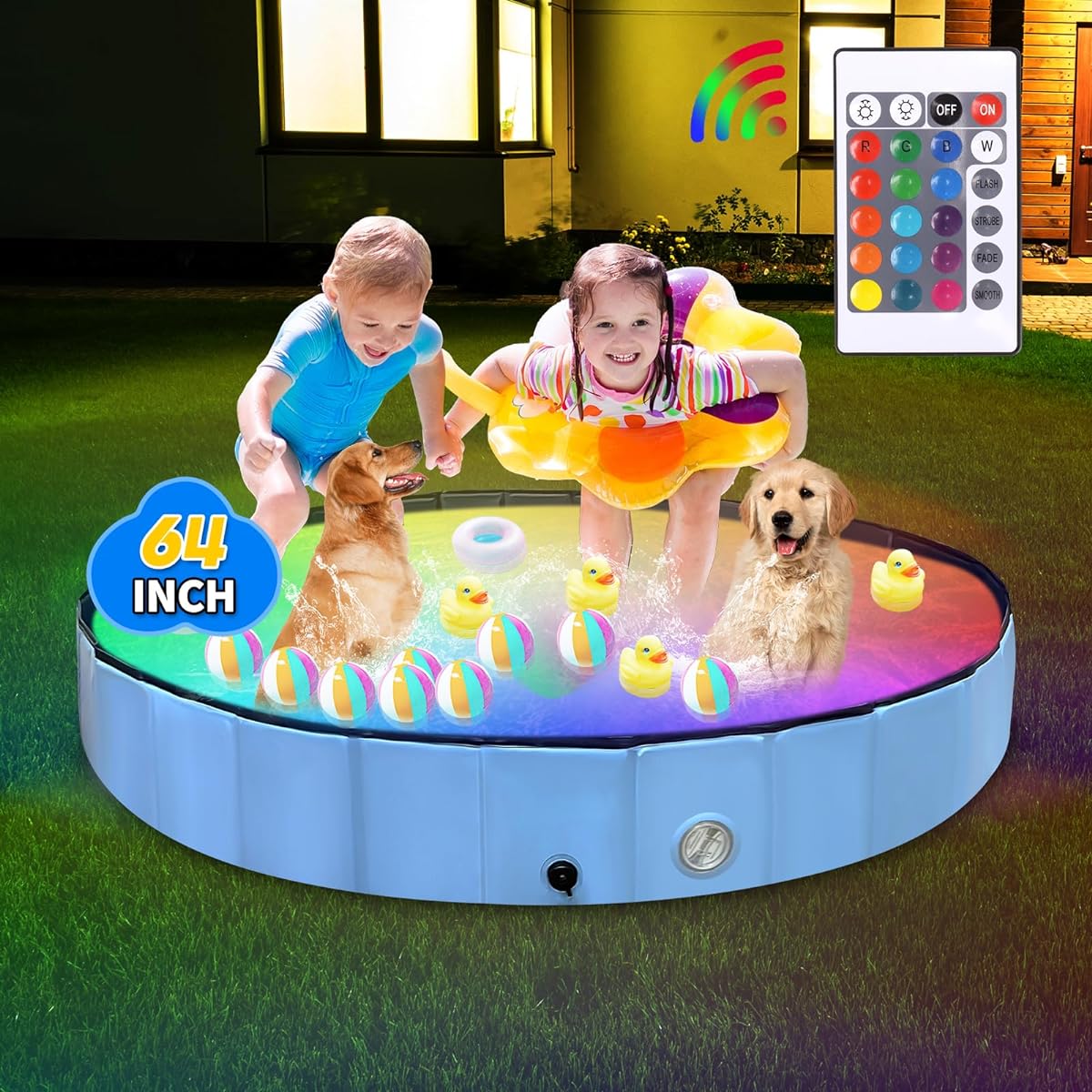 Thecvia Collapsible Dog Pool with RGB Lights, Kids Pool for Toddlers Ages 1-3, 63 Inch Blue Pet Bathing Tub, Kids Swimming Pool, Backyard Foldable Kids Pool, Toys for Toddlers Ages 1-12+