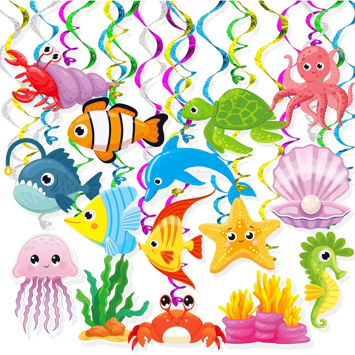 Sea Animals Life Hanging Swirls 30 Pack Foil Ceiling Hanging Swirls Stream Banner Garland for Kids Ocean Mermaid Baby Shower Celebration Event Birthday Party Supplies Room Wall Decor