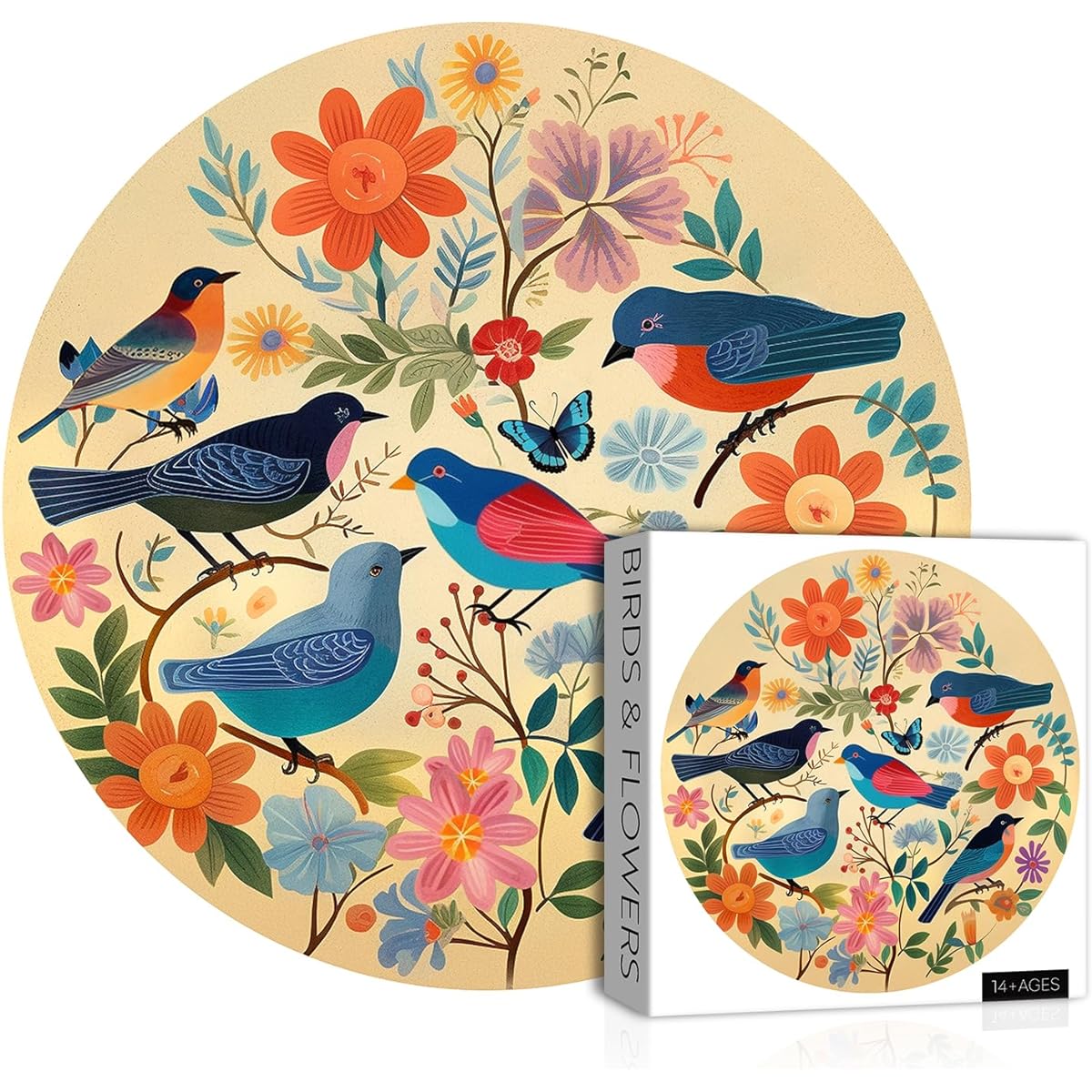 Vintage Bird Puzzle for Adults 1000 Piece Round Flower Jigsaw Puzzle Birds Circle Plants Floral Jigsaw Puzzle Nature Gift