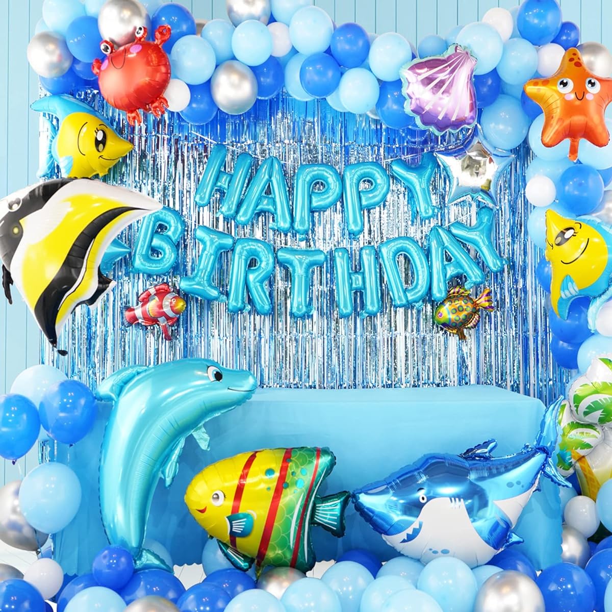 Marine Theme Balloon Garland Arch Kit with Blue Backdrop Birthday Party Decorations for Kids Dolphin Shark Balloons Party Supplies Perfect for Home and Outdoor