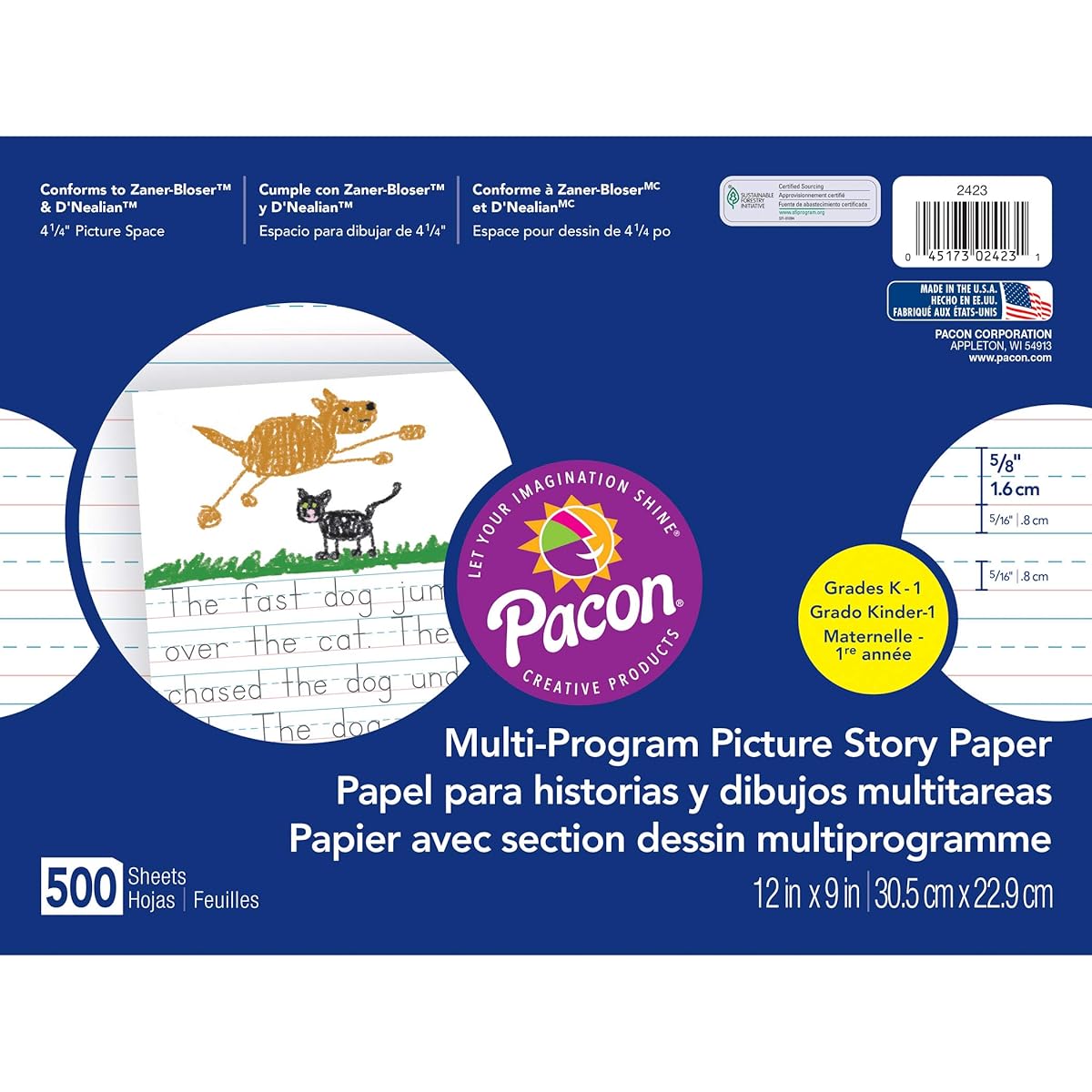Multi-Program Picture Story Paper, 5/8" Long Rule, 12 x 9, White, 500 Sheets/Pk (parallel import goods)