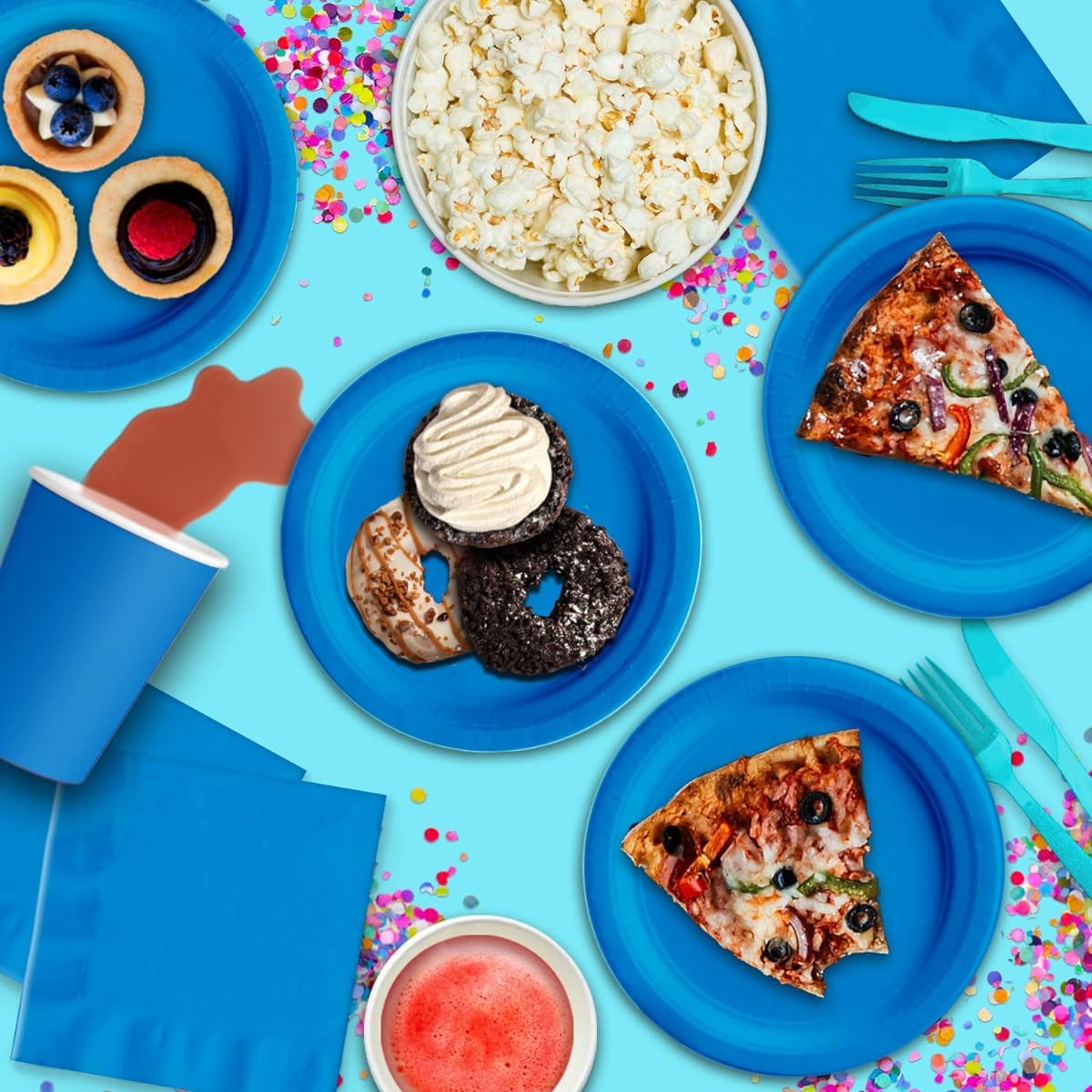 Plain Blue Birthday Party Supplies Set Plates Napkins Cups Tableware Kit for 16 Guests
