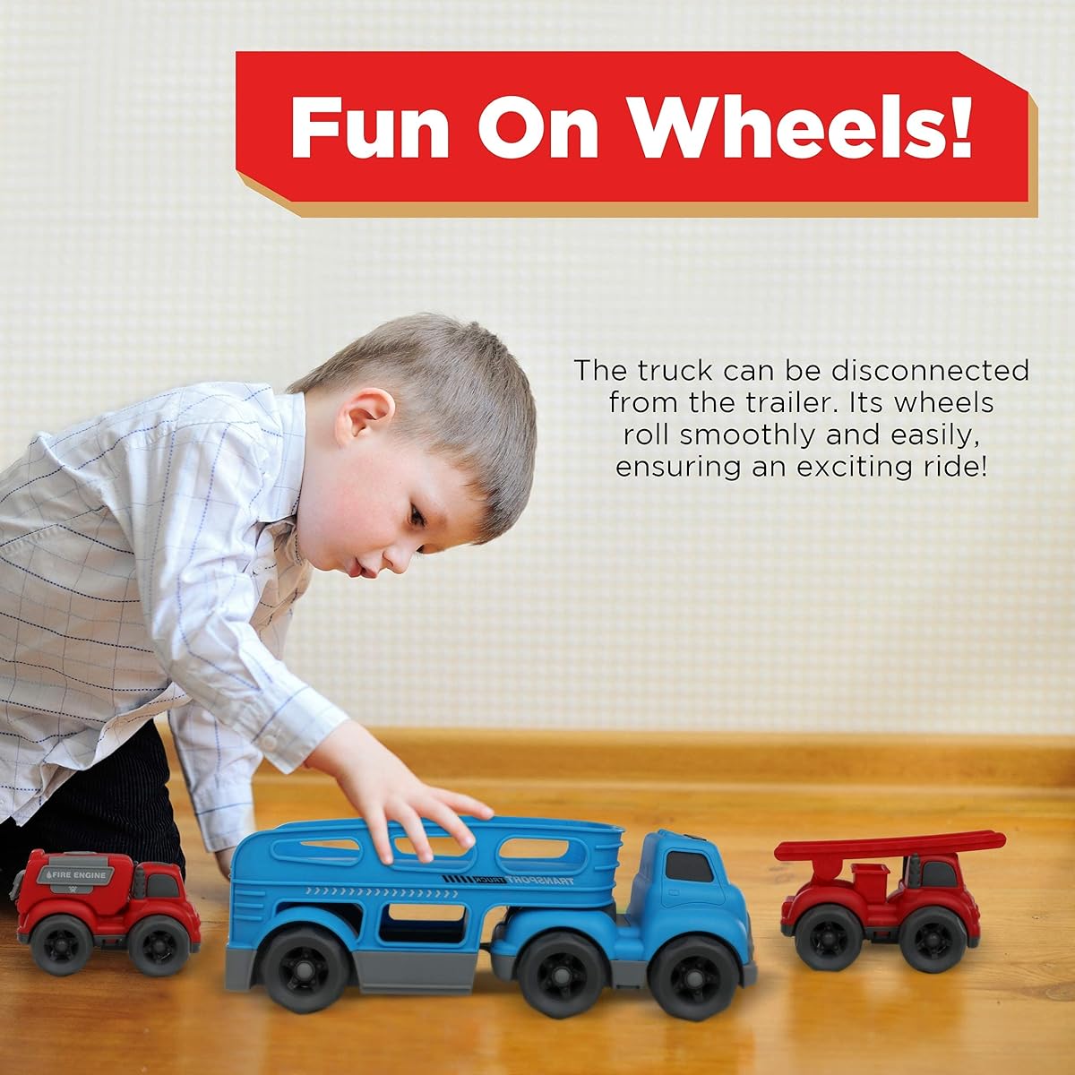 IQ Toys Car Carrier Toy - Truck Carrier Fire Truck and Boys - Toddler Vehicle Toy Transporter Truck Car Hauler Playset - Kids Toy Vehicles Blue