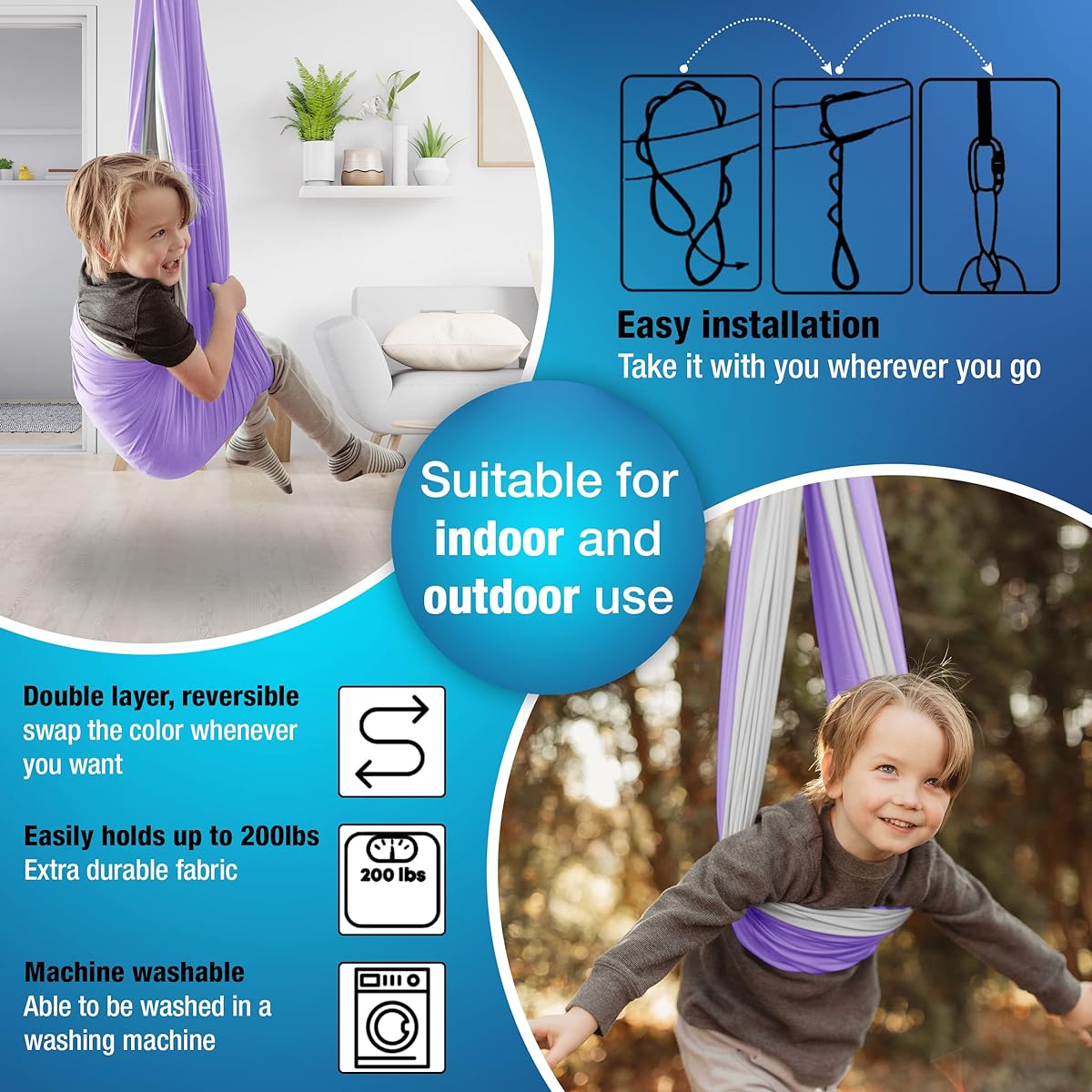 Sensory Swing + 360° Rotating Hanger Double Layer Indoor + Outdoor Swing for Children Hanging Pod Chair for Sensory Disorders Autism ADHD Anxiety Therapy Swing Pod Swing Chair (Purple/Gray)