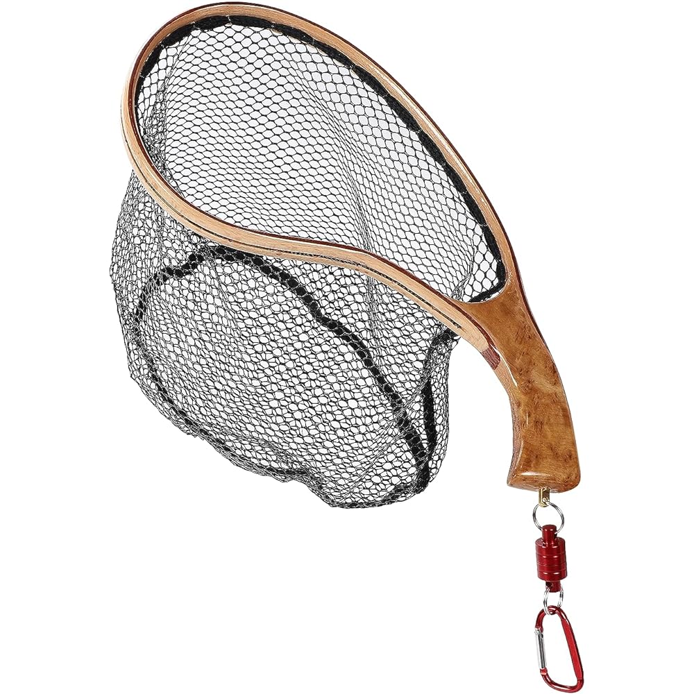 (Manaheart) Rubber Coating Net, Tamo Net, Ball Net, Mountain Stream, Wooden Landing Net, Rubber Net, Lightweight, Curved Pattern, Small, Compact, Bait Fishing, Mountain Stream Fishing, Fly Fishing, Wood Frame, Fly Crank, Trout