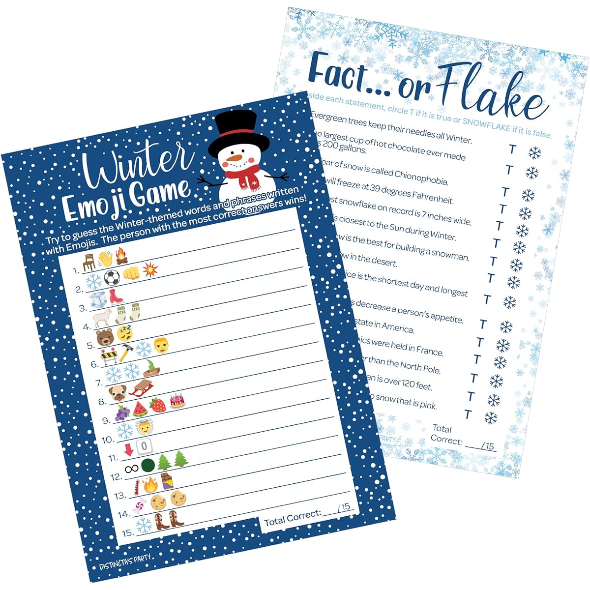 Winter Holiday Party Games – Winter Themed Emoji Picture Guessing Game and Facts or Flakes Winter Trivia (Set of 2 Games) – 25 Double-Sided Cards – Winter Wonderland Party, Classroom Snow Day Party, Little Snowflake Baby Shower Game Supplies