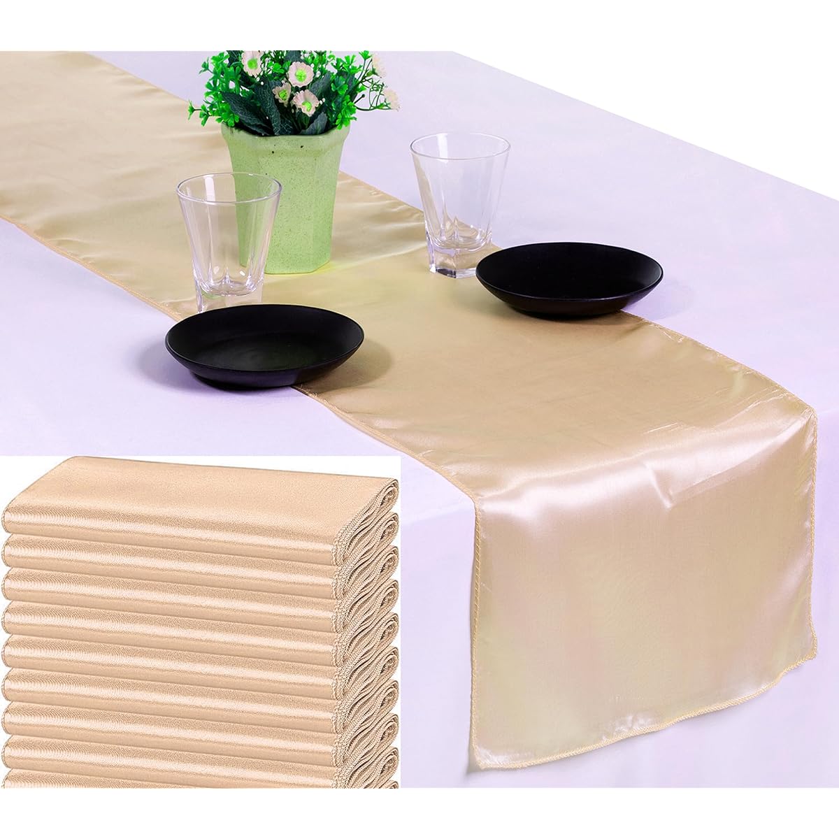 MDS Set of 10 12 x 108 inch Satin Table Runners for Wedding Party Dining 30 Colors 10 Yellow 10 _satin runner_ Light Gold