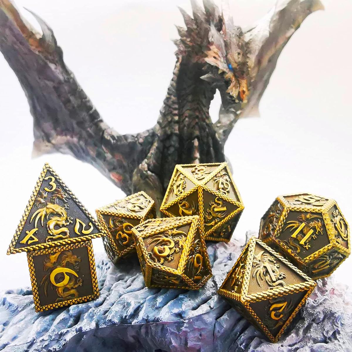 MJDICEOK Metal Dragon DND Dice Set Role Playing Dice D&D Solid Dice Ancient Brass