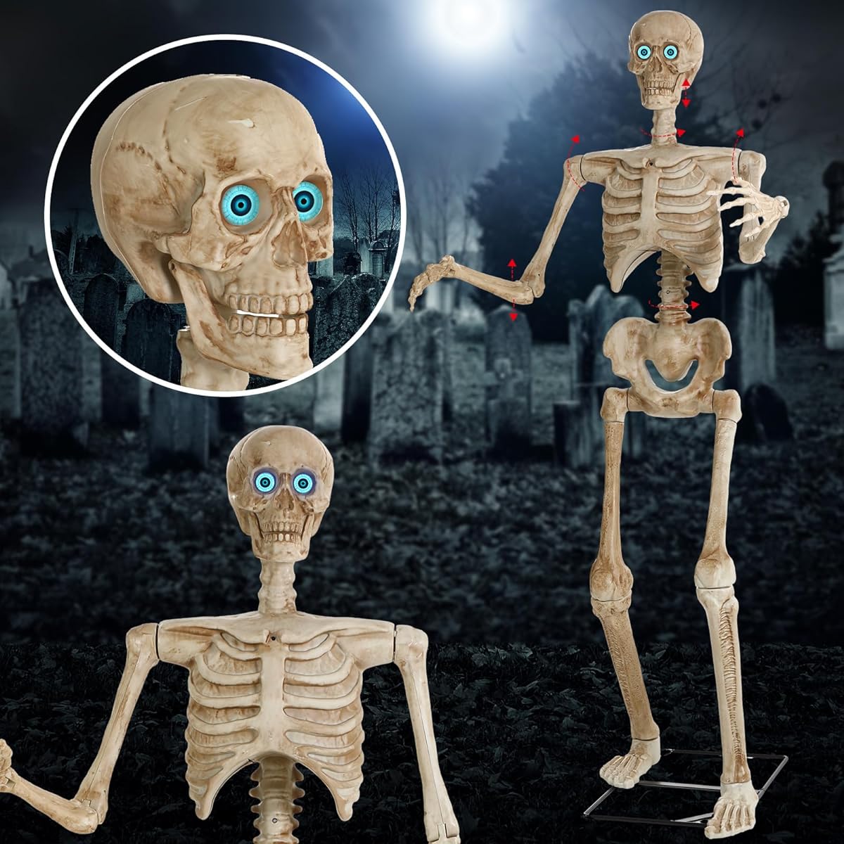 Jenaai 6ft Halloween Grimm Animatronic Decor Skeleton with Full Body Poseable Human Bones, LEDs, Realistic Glowing Moving Eyes, Spooky Sound Effects, Halloween Skeleton Decorations