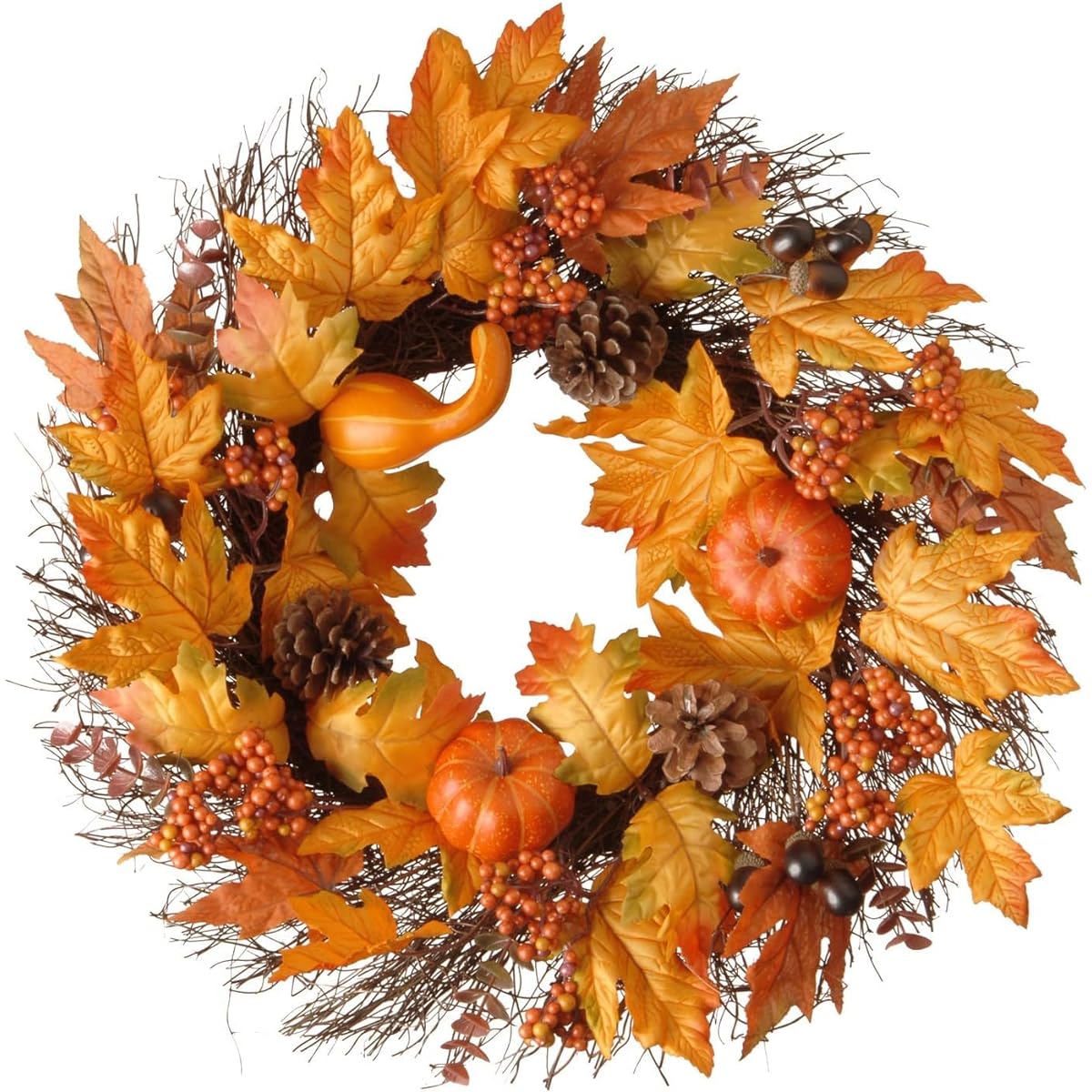 National Tree Company Artificial Fall Wreath with Gourds, Pumpkins, Berry Clusters, Acorns and Maple Leaves, Fall Collection, 24"