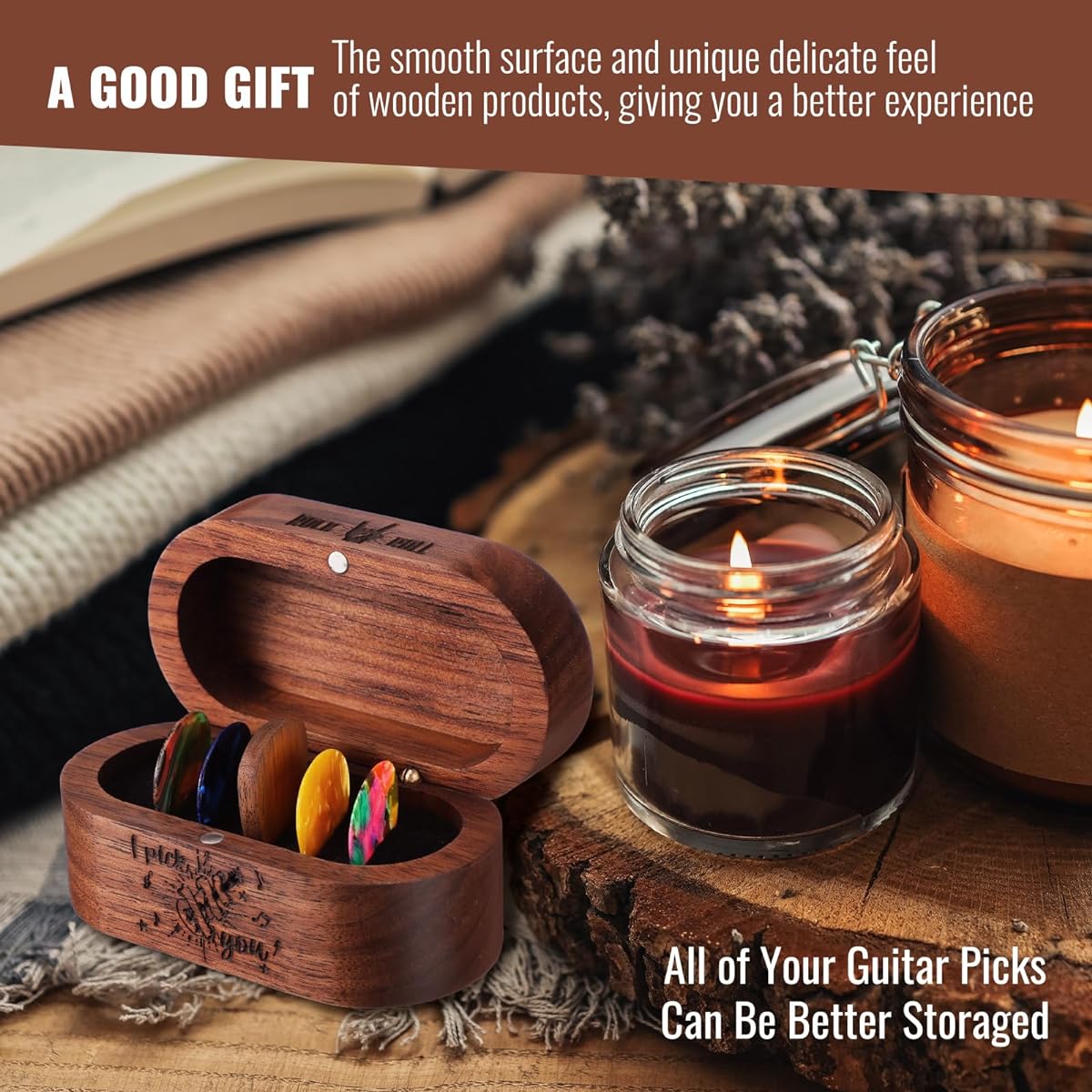 Lukmaa Black Walnut Guitar Pick Holder with 1 Wooden Pick and 6 Celluloid Picks in 3 Thickness Cool and Exquisite Guitar Accessories Gift for Musician, Rock and Roll, Him, Husband, Boyfriend, Teens.