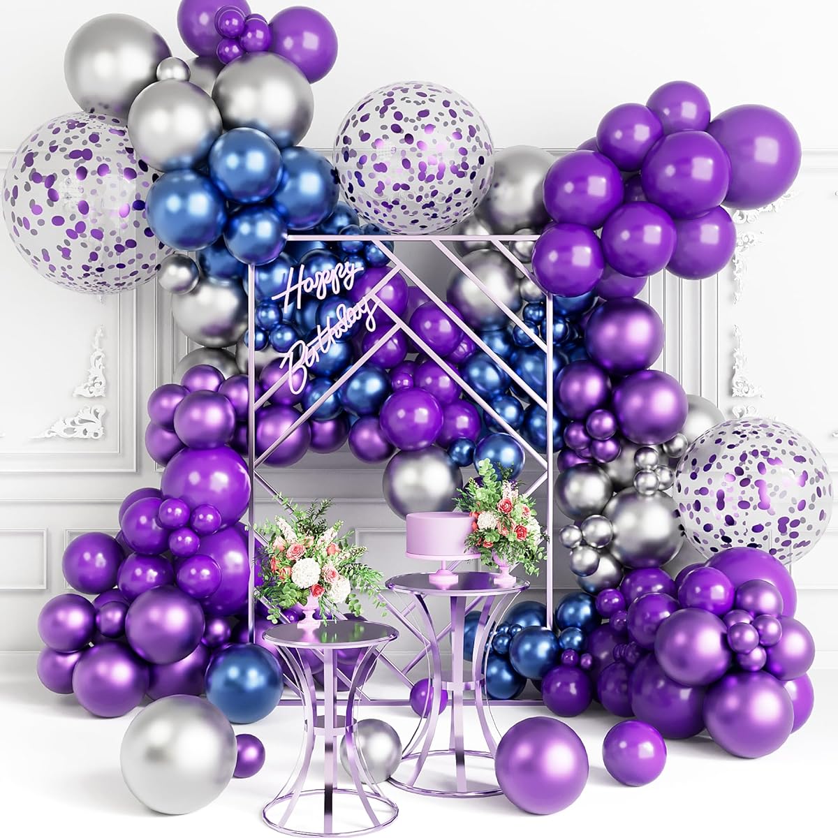 Dark Purple Blue Balloon Arch Garland Kit with 153pcs Metallic Silver Balloons Confetti Balloons for Birthday Christmas Baby Shower Wedding Cocktail Party Decorations