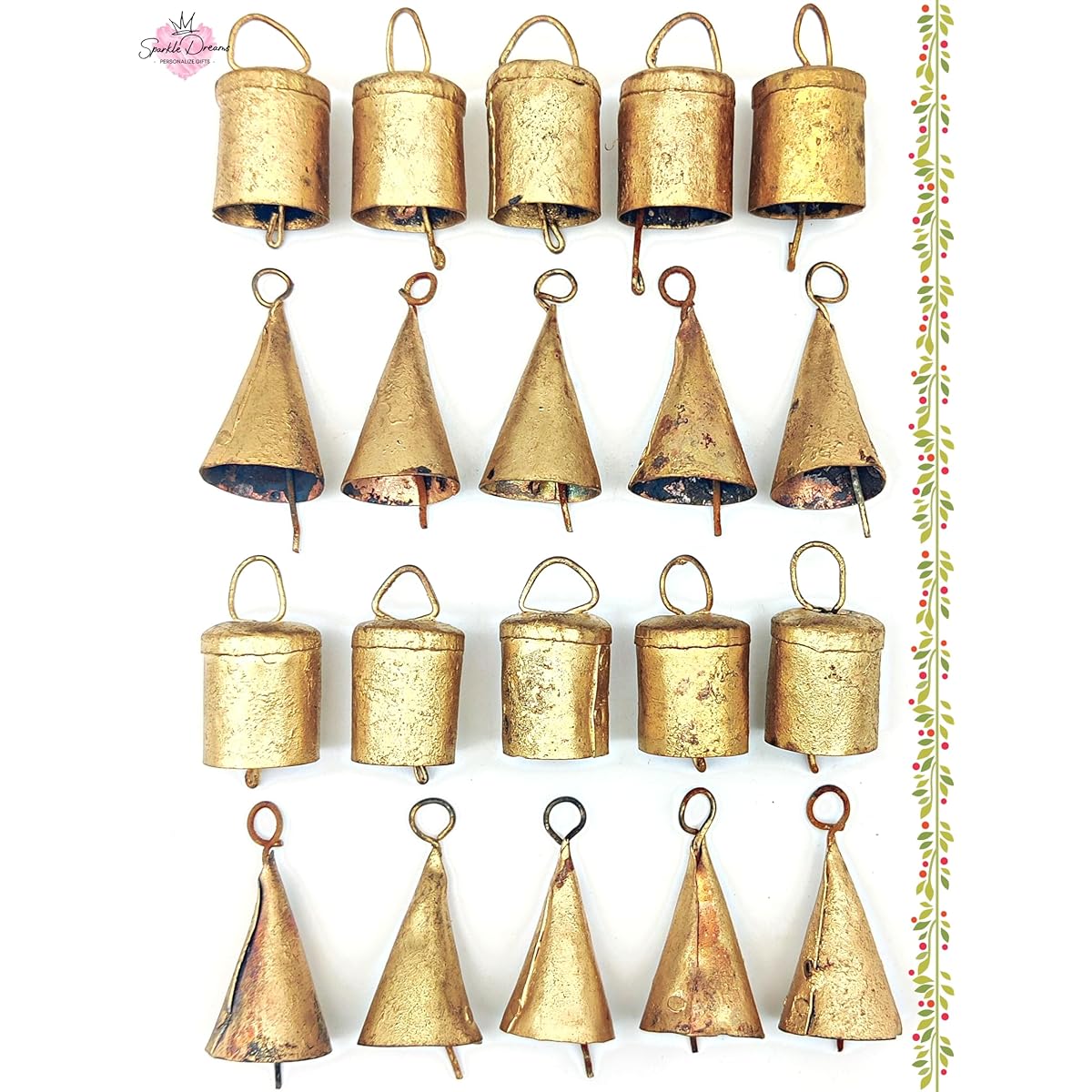 Sparkle Dreams Rustic Style Bells 20 Pieces Tin Mix Shabby Chic Small Cow Bells for Crafts Christmas Tree Jingle Hanging Bells