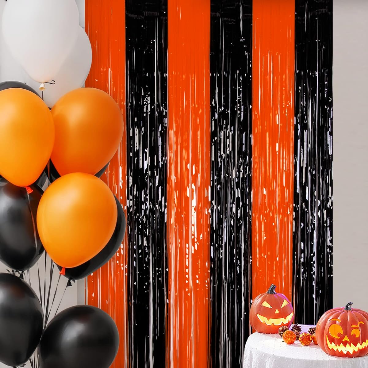 LOLStar Halloween Party Decorations Orange Black Photo Booth Props 3.3 x 6.6ft Halloween Foil Fringe Curtain Halloween Party Photo Backdrop Halloween Streamer Halloween Birthday Party Decorations