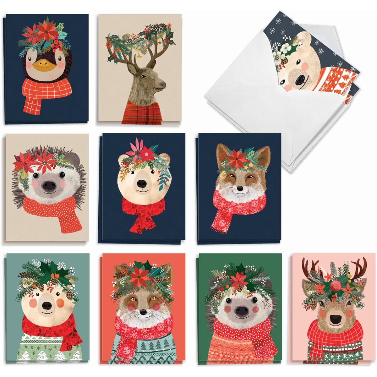 The Best Card Company Assorted Christmas Notecards Boxed Set of 20 4 x 5.12 Inch with Envelopes (10 Designs, 2 of Each) Holiday Wildlife AM7827XSG-B2x10
