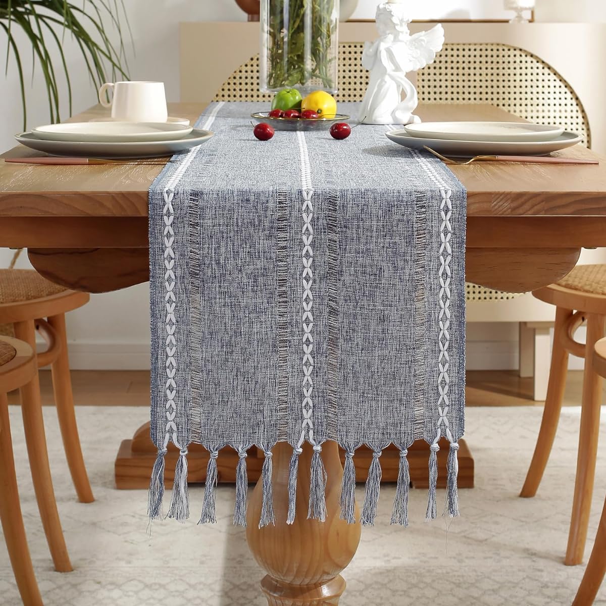 Cenebonxy Rustic Boho Table Runner Linen Table Runner Farmhouse Table Runner 48" Long Dining Table Decor 13x48" Blue