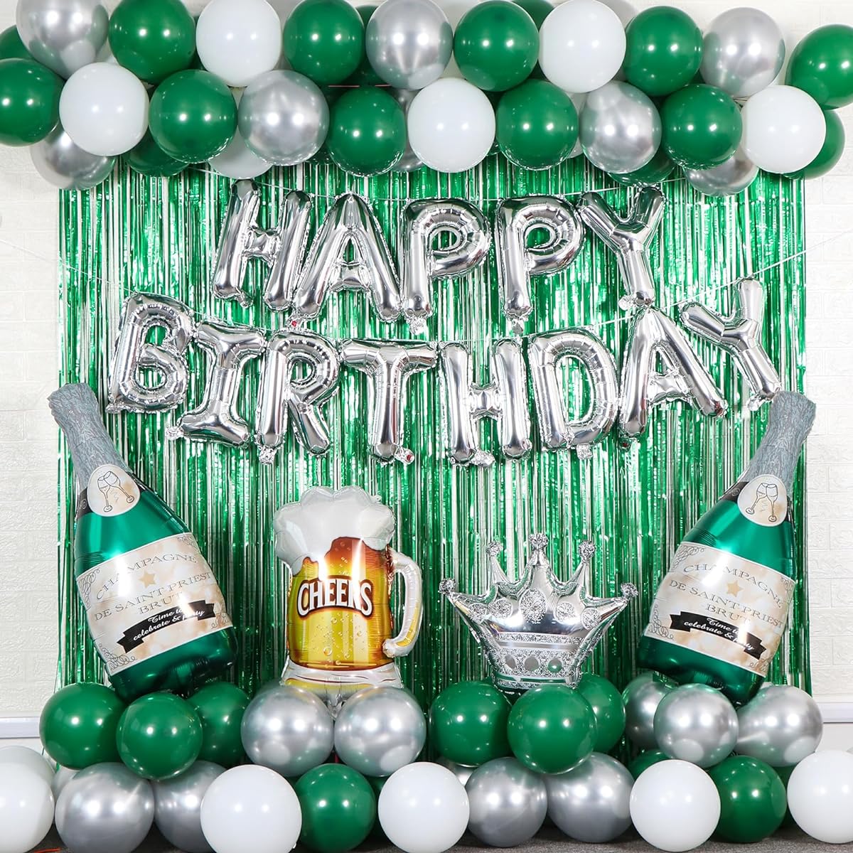 Green and White Happy Birthday Decorations Men's Balloon Arch Kit