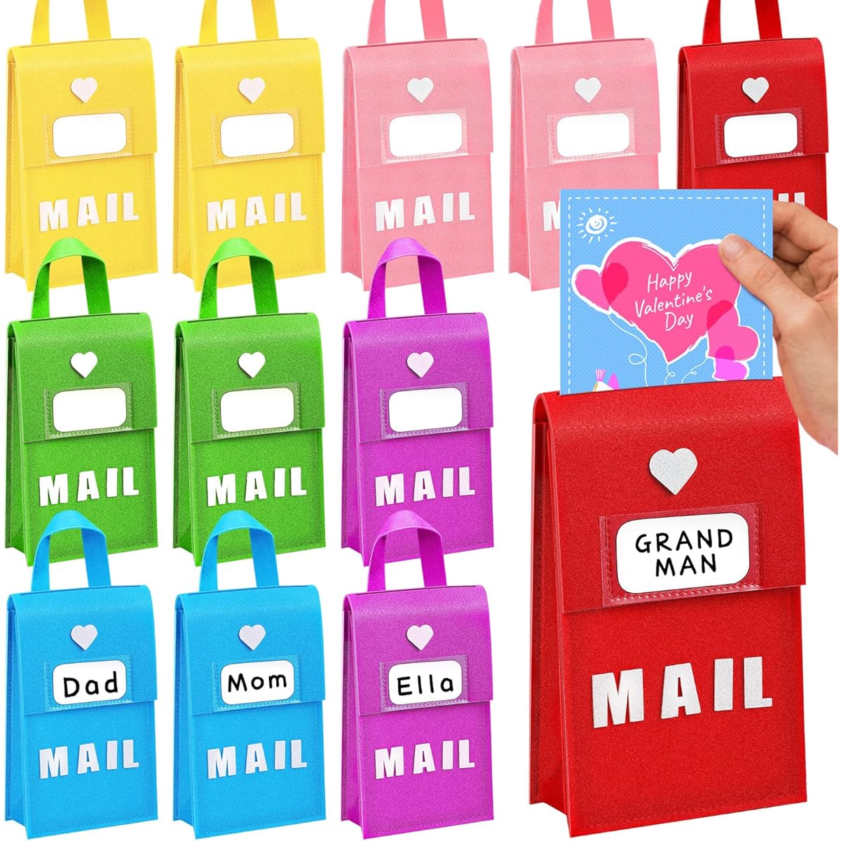 Libima Valentine Felt Mailboxes with 12 Cards, 6 x 10 x 3 Inches, Cute Holiday Hanging Mailboxes for Kids, Valentine Favors for Teachers, Kids, Classroom Giveaways, Valentine Exchange Gifts (Multicolor)
