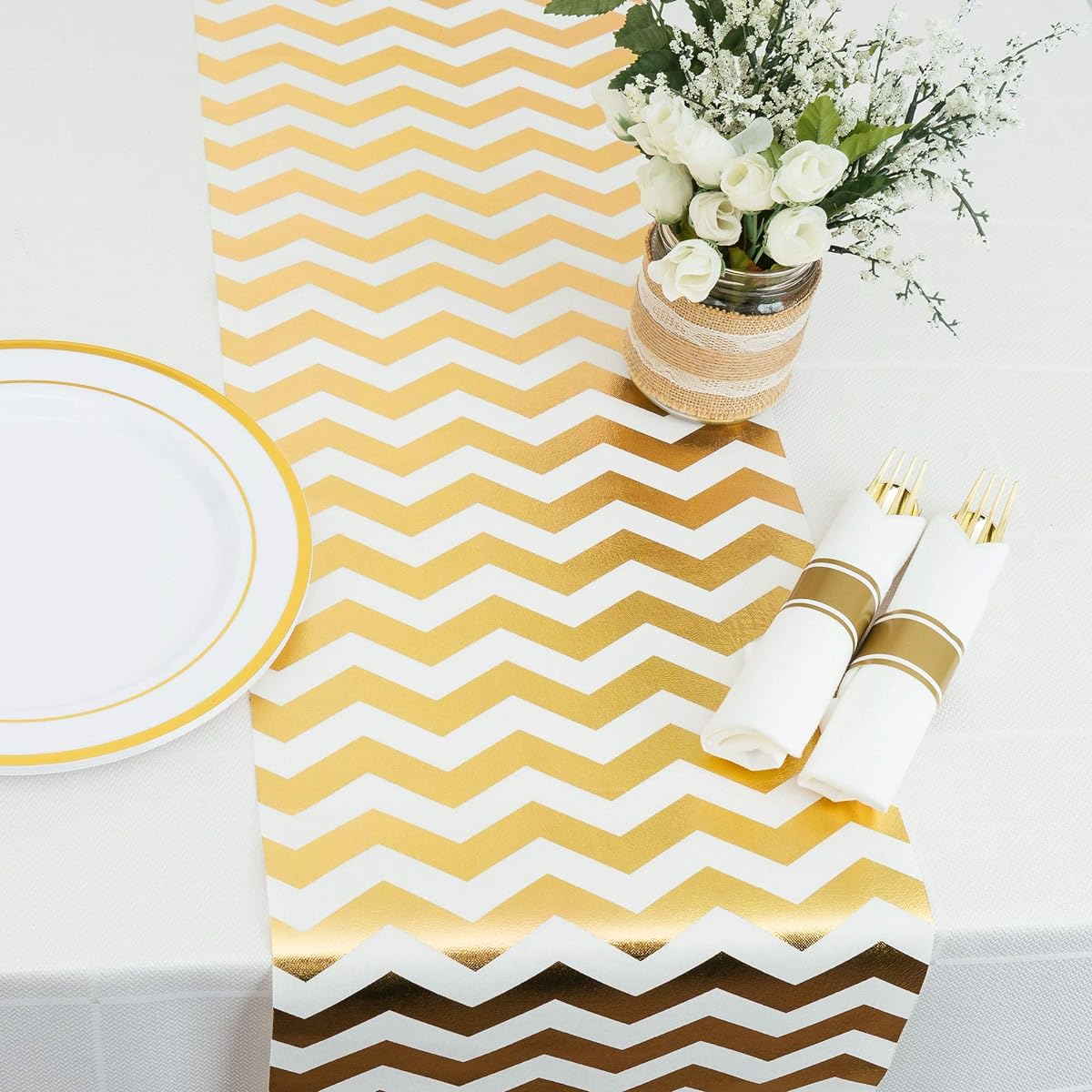 PapaKit Sparkle Metallic Gold Chevron Table Runner 11" x 84", Pack of 2 for Holidays, Wedding Decorations, Parties and Everyday Decor