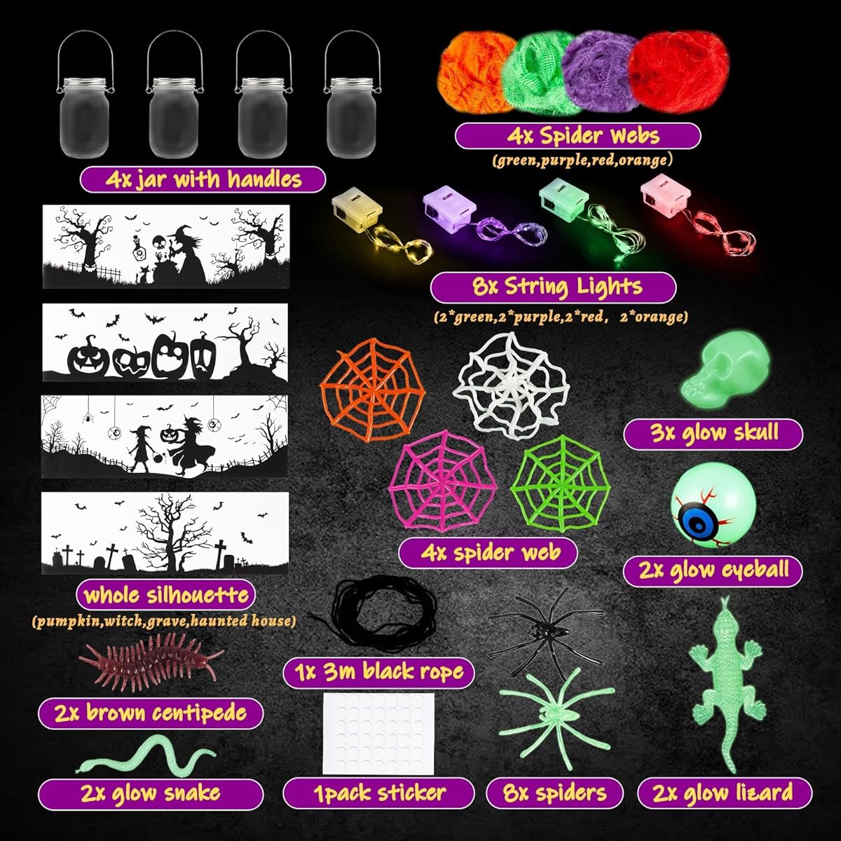 Halloween Crafts for Kids, 4pcs Halloween Mason Jar Kit with Accessories, Kids DIY Halloween Art Activity Supplies, Gifts for 4-12 Year Olds, Trick or Treat Halloween Decorations for the Classroom