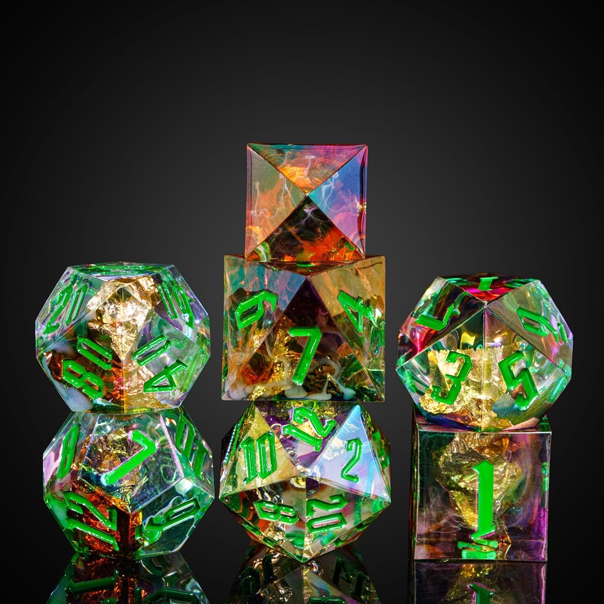 Cusdie Sharp Edge DND Dice 7pcs D&D Dice Handcrafted Polyhedral Dice Set for Role Playing Games MTG Pathfinder (Gold Foil/Vortex G)