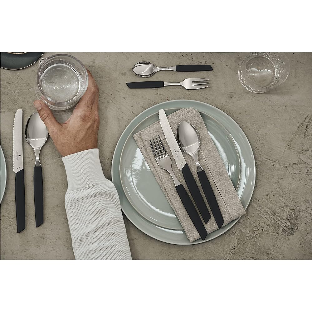 VICTORINOX Cutlery Table Set Fork & Steak Knife & Spoon 24 Piece Set Black Elegant ergonomic table set to brighten up your dining table Dishwasher safe Swiss Modern 6.9093.11W.24