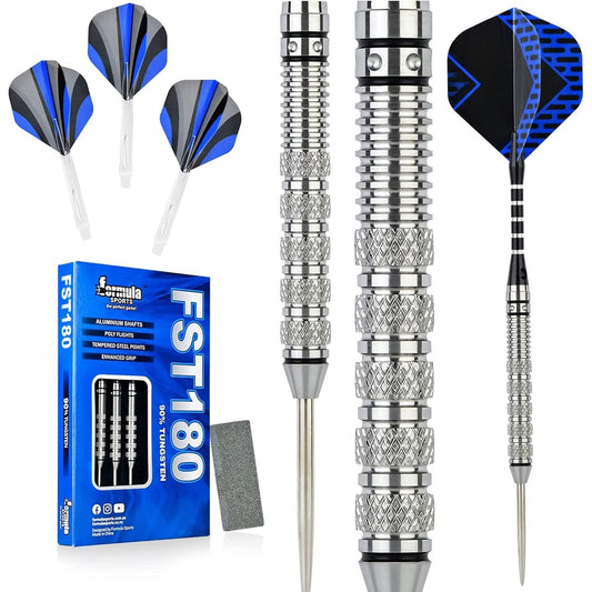 Formula Sports Darts Metal Tip Set - 90% Tungsten Darts 22g Steel Tip, Steel Tip Darts Set Aluminum Shaft + Tungsten Barrel + Darts Sharpener and Wrench, Dart Board, Darts Metal Tip Set