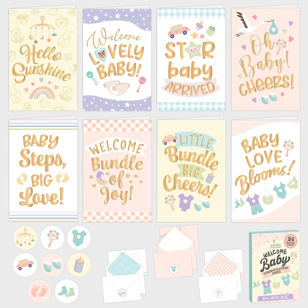 24 Pack Gold Foiled New Baby Card with Envelopes & Stickers, 8 Designs Baby Cards Congratulations with Printed Messages Inside, 4x6in Congratulations Baby Card, Welcome Baby Card, Baby Shower Cards