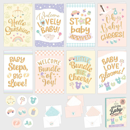 24 Pack Gold Foiled New Baby Card with Envelopes & Stickers, 8 Designs Baby Cards Congratulations with Printed Messages Inside, 4x6in Congratulations Baby Card, Welcome Baby Card, Baby Shower Cards