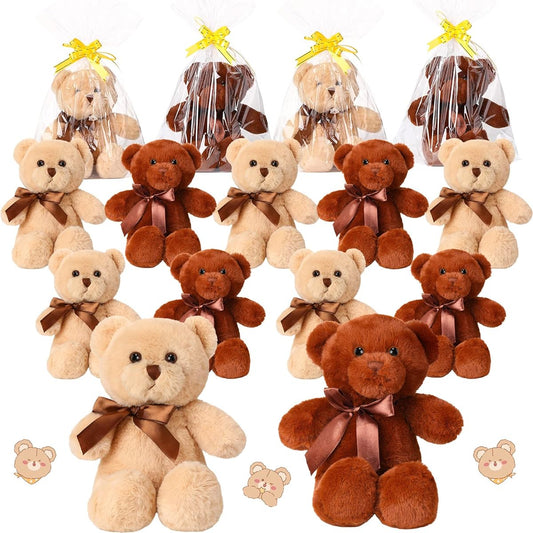 15 Pieces Teddy Bears, Soft Stuffed Bears with 20 Gift Bags and Pull Ribbons, Cute Stuffed Bears for Baby Shower, Christmas, Valentine's, Birthday, Wedding Favors, 12 Inch (Light Brown, Dark Brown)