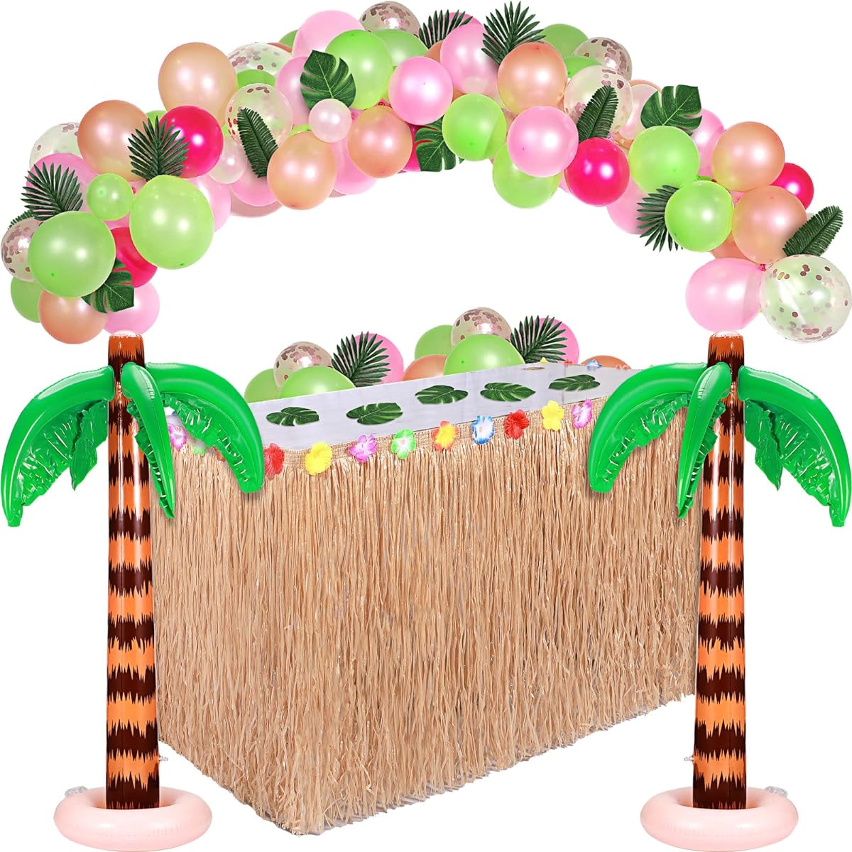 Hawaiian Birthday Party Supplies 2pcs Inflatable Palm Tree 83pcs Tropical Balloon Garland Kit Grass Table Skirt for Tropical Theme Birthday Party Baby Shower