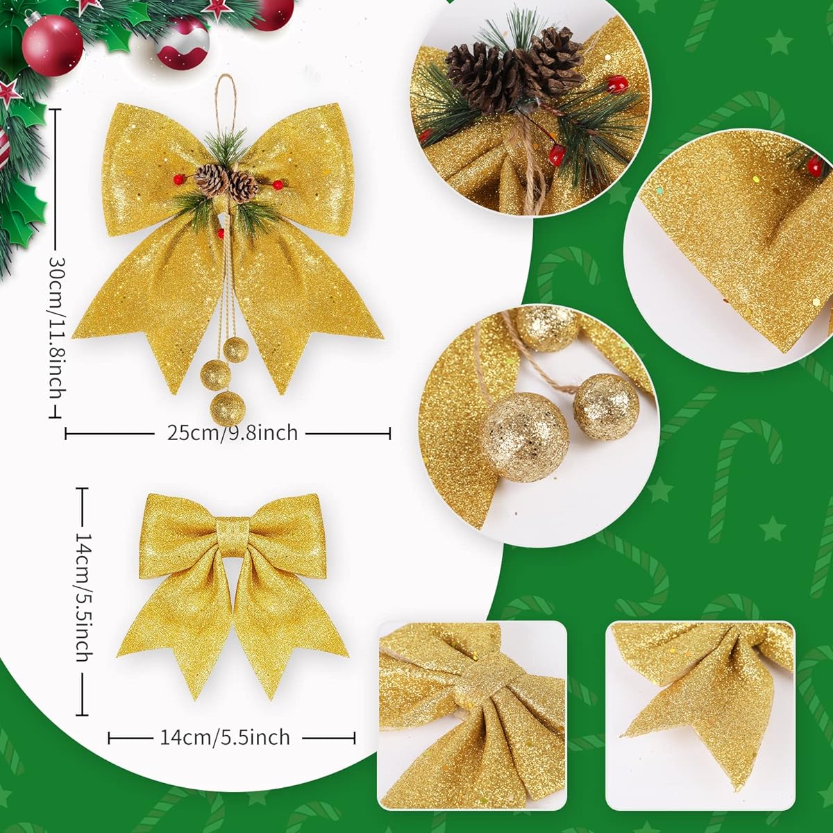 Souarts Large Christmas Glitter Ribbon Bow Glitter Red Yellow Silver Ribbon Decoration Christmas Tree Party Decoration Wreath Ornament Gift Packing Ribbon (Yellow Glitter)