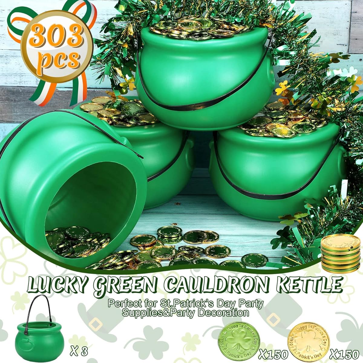 St. Patrick's Day 8" Green Cauldron Kettle 3 Shamrock Green Gold Coin Plastic Cauldron Pot Gold Leprechaun Clover Plastic Coin St. Patrick's Day Theme Party Decorations Supplies