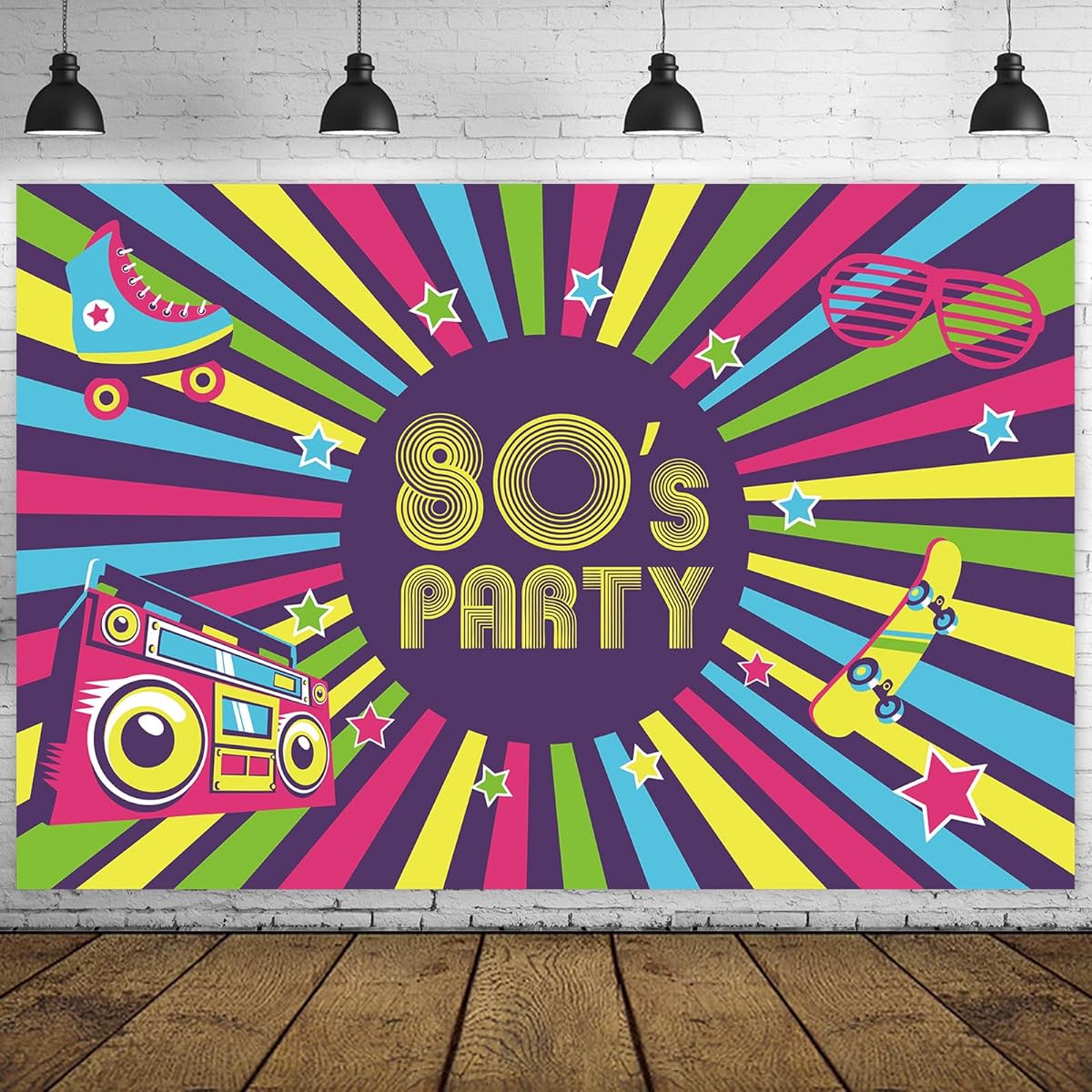 T-Bn-0284 Happy Birthday Banner, 80s Party Time Banner Tape Backdrop, Throwback 80s I Love 80s Retro 1980s 80s Theme Disco Rock Star Boom Box Decorations Hip Hop Birthday 80s Neon Party Supplies Flag Favors