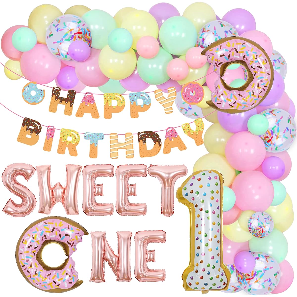 Sweet One Donut Birthday Party Decorations Girls Donut Birthday Macaron Pastel Balloon Garland Arch Kit for Donut 1st Birthday Party Decorations Happy Birthday Banner
