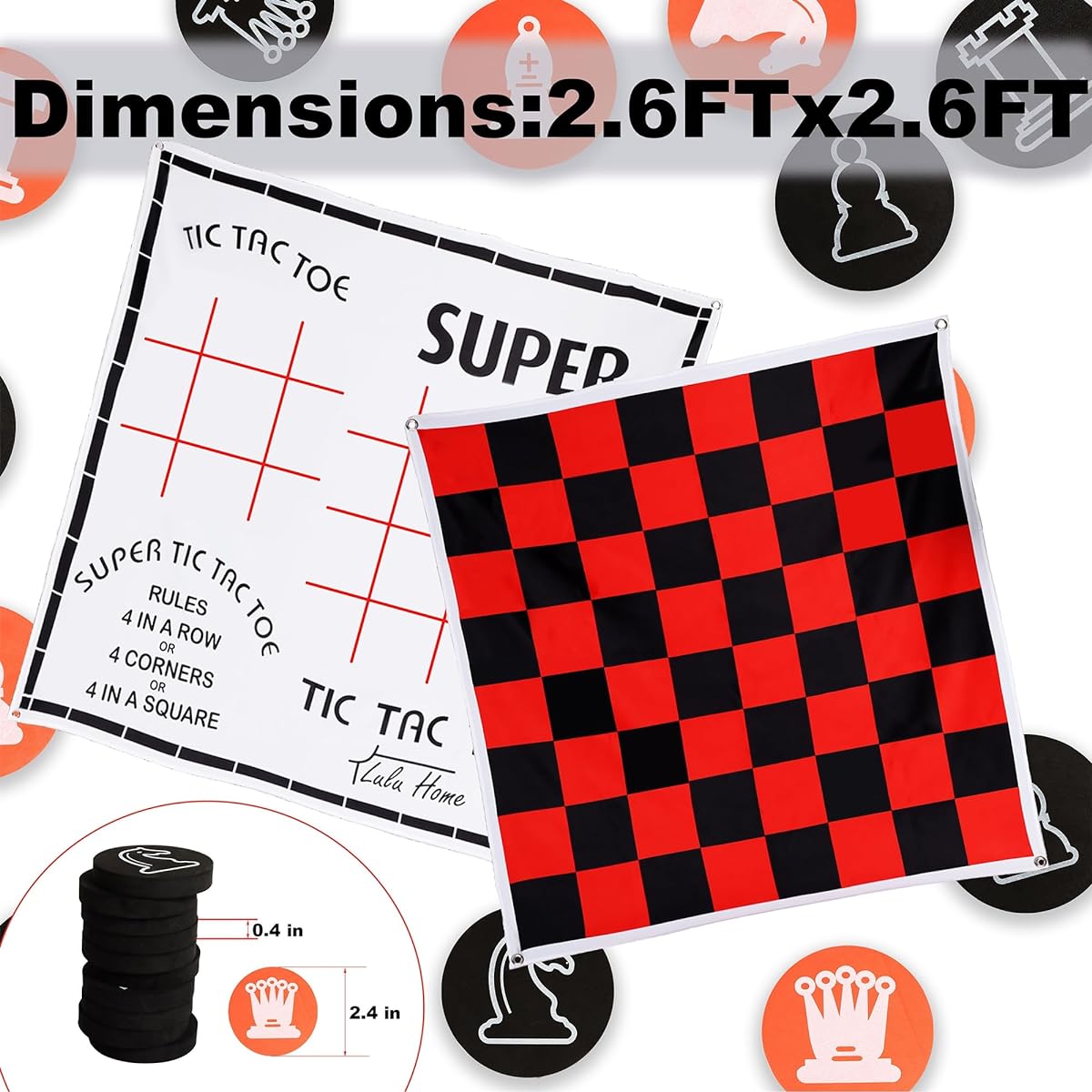Lulu Home 4-in-1 Checkers Board Game 2.6ft x 2.6ft Tic Tac Toe Checkers Game Mat & Pieces Portable with Drawstring Bag Classic Checkers Rug Game for Picnic Camping Family Fun