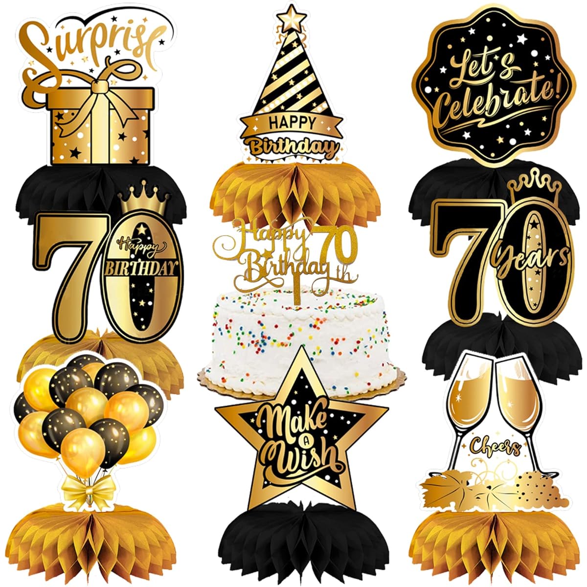 70th Birthday Table Centerpieces Black Gold 70th Birthday Honeycomb Table Topper Decorations with Happy Birthday Cake Topper Unisex 70 Years Old 70th Birthday Party Supplies