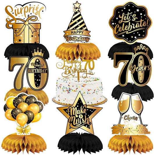 70th Birthday Table Centerpieces Black Gold 70th Birthday Honeycomb Table Topper Decorations with Happy Birthday Cake Topper Unisex 70 Years Old 70th Birthday Party Supplies