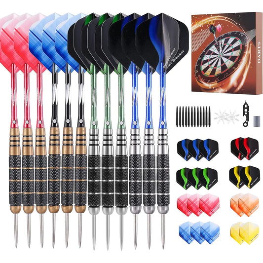 Rose Kuli Steel Tip Darts Steel Tip Set Professional Darts 12 x 22g - 26g Metal Tip Darts with Aluminum Shafts and Brass Barrels Extra Dart Flights Dart Case