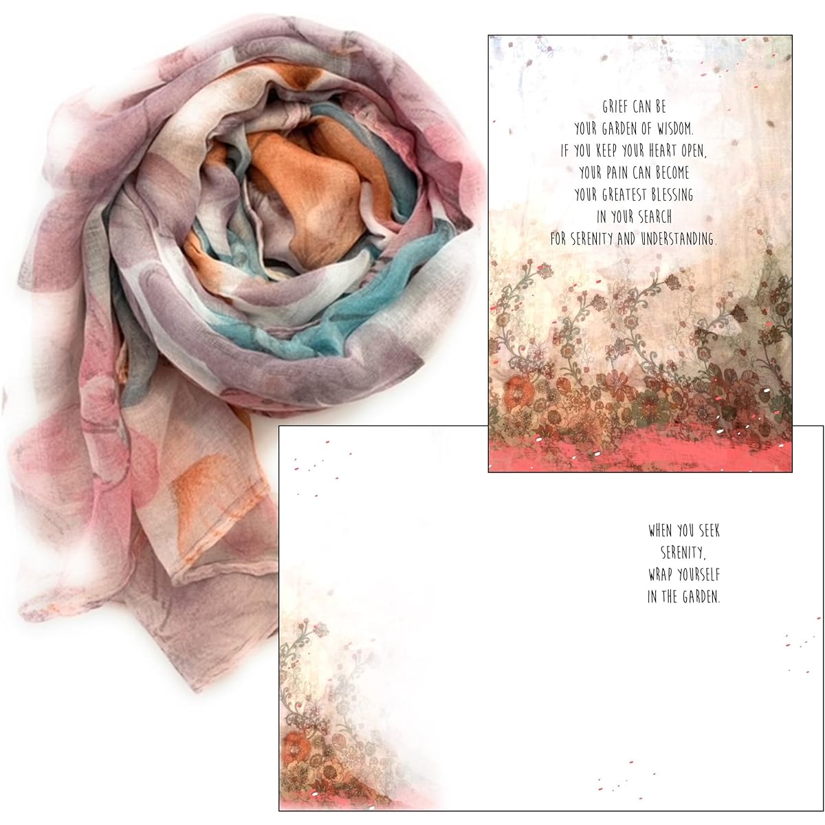 Smiling Wisdom - Sympathy Greeting Card and Embrace Floral Scarf Gift Set - Female Friends (Watercolor Garden)