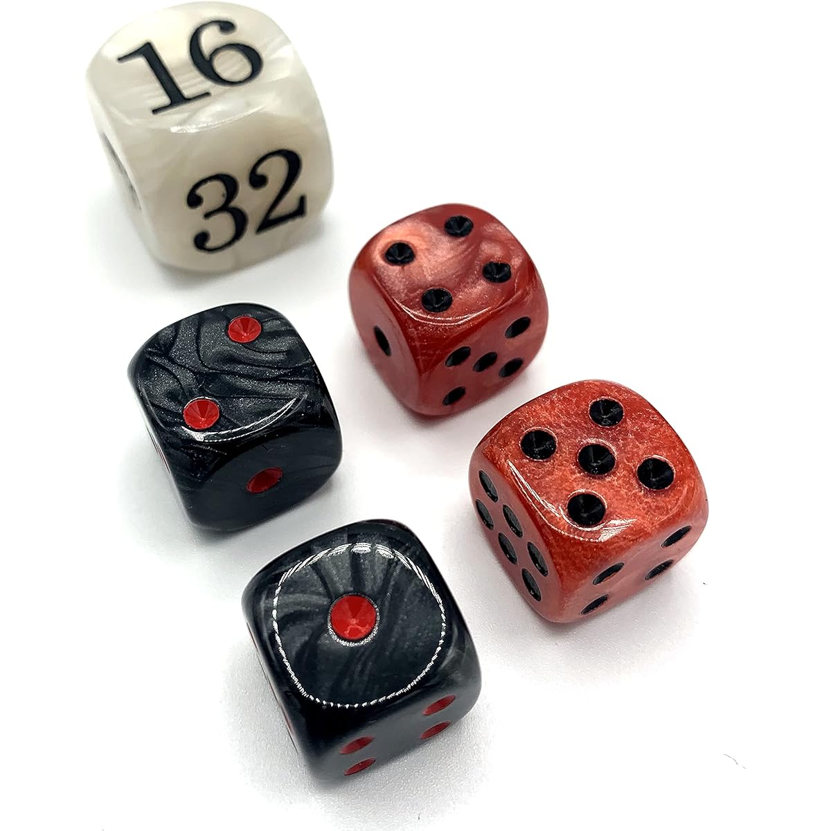 Luck Lab Backgammon Pearl Dice Set - 22mm Double Cube + 4 x 16mm Dice with Bonus Bag Red/White Marvel