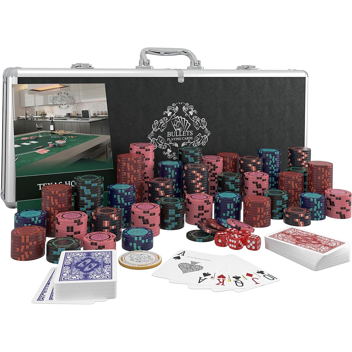 Bullets Playing Cards Designer Poker Case Corrado Deluxe Poker Set with 500 Clay Poker Chips Poker Rules Manual Dealer Button and Bullet Plastic Poker Cards
