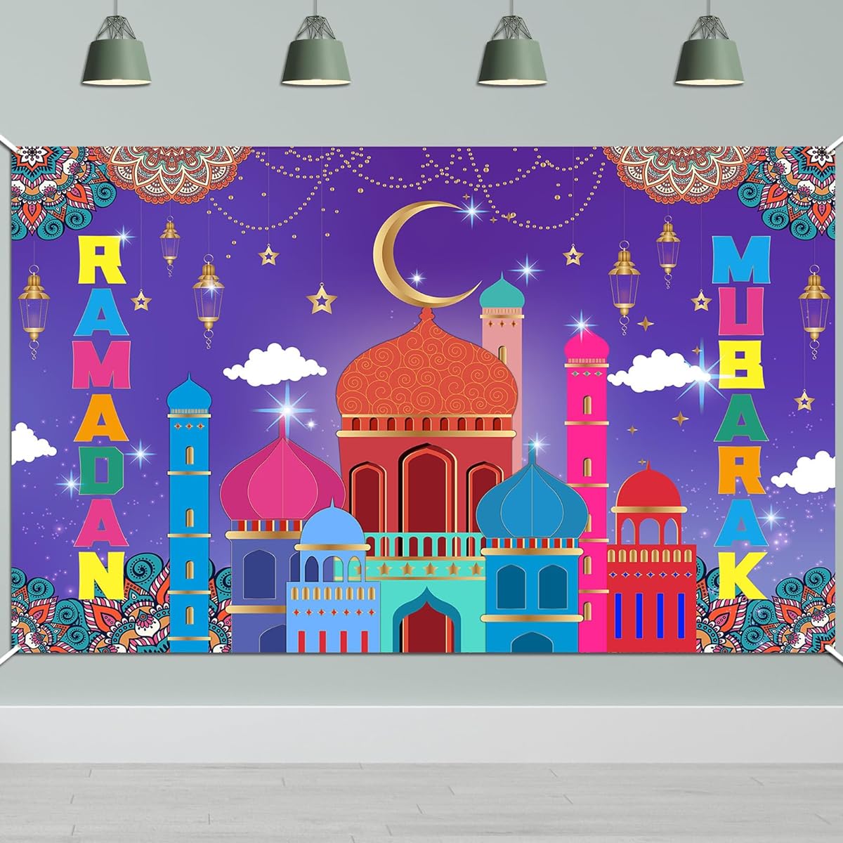 HOWAF Ramadan Mubarak Backdrop Banner Eid Mubarak Party Decoration Background Banner Eid Holiday Party Supplies Purple Ramadan Kareem Supplies Hanging Banner Poster for Photo