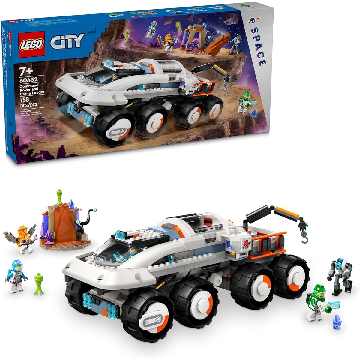 LEGO City Command Rover Crane Loader Space Toy Construction Set Astronaut Toy Mini Figures 4 Astronaut Mini Figures 2 Alien Action Figures Gift for 7 Year Old Boys/Girls/Children 60432