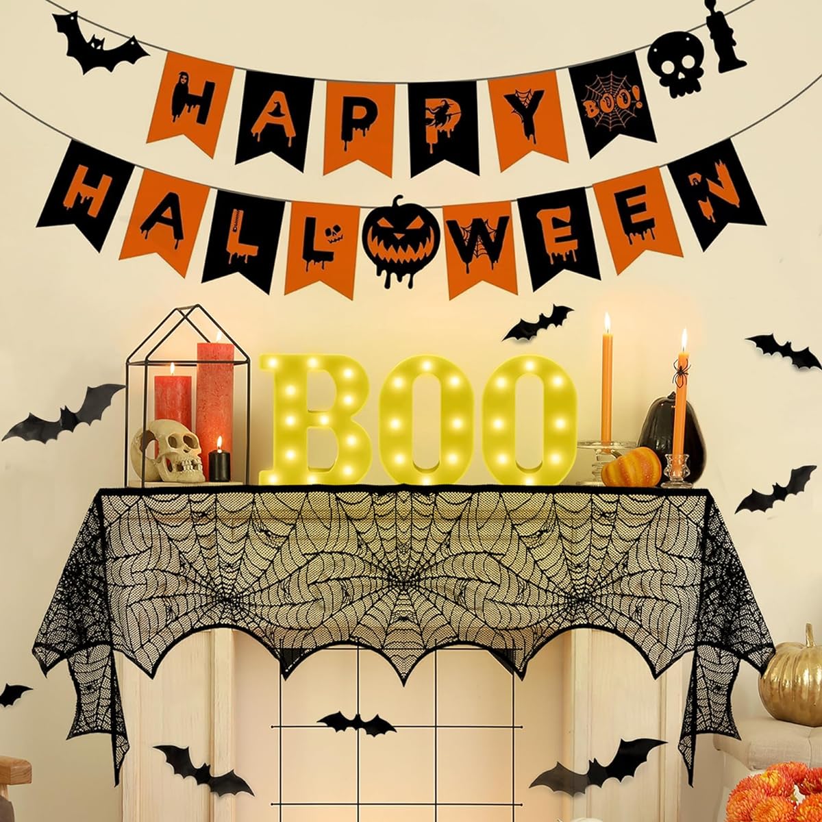 Halloween Decorations Indoor Set - LED Boo Sign + 31pcs Halloween 3D Bat Stickers + Spider Web Fireplace Mantel Scarf + Happy Halloween Banner Party Supplies for Home Decoration